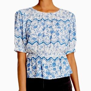 NWT (XS) wedgewood inspired blue white floral peplum short sleeve round neck top